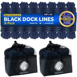 Five Oceans 8-Pack 3/8" x 15' Boat Dock Lines, Navy Blue Double Braided Nylon, Marine-Grade, 12" Eyelet, 1-Year Warranty - FO4695-M2
