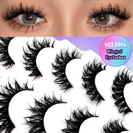 Falsche Wimpern Manga Wimpern Wet Look D-curl Cat-Eye Japanese Style Cosplay Spiky Anime Lashes 20mm Long Dramatic Thick Faux Mink Doll Eyelash Wispy Individual Clusters 5 Paare Pack(W-4)