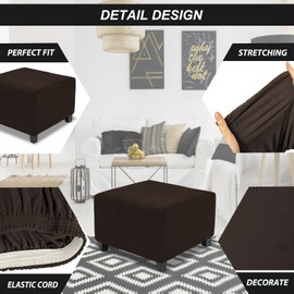 TOPHMDECOR - Funda otomana cuadrada XL elástica para otomanos, funda suave con patrón entrelazado, con parte inferior elástica, café oscuro, talla XL