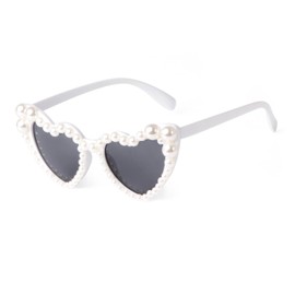 ADE WU Heart Sunglasses Kids Girls Pearl Heart Shaped Sunglasses for Girls Age 3-8 (White Frame Grey Lense)