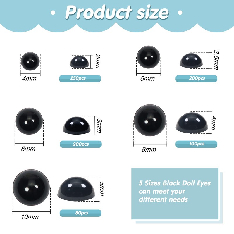 TOAOB 830pcs Plastic Eyes 4mm to 10mm Black Flat Back