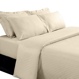 sheetsnthings Damask Striped 600-Thread-Count, 100-Percent Cotton 7PC Full Bedding Set-Duvet Cover and Shams with Bed Sheets, Beige