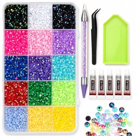 15 Colors 20000pcs Bedazzling Kit with 5 Glue Bottles and Pen, 3mm Nail Art Rhinestones, Flatback Gems with Tweezers & Green Storage Box, Nail Crystals for DIY Crafts, Phone Cases & Clothes