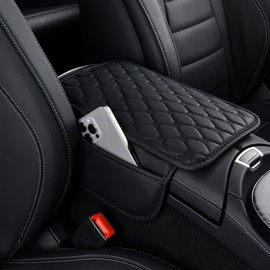 Car Center Console Cover, Leather Car Armrest Cover Cushion with 2 Storage Bags Universal Car Armrest Storage Box Pad Comfortable Car Decor Accessories Fit for Most Cars, Vehicles, SUVs (Black-2)