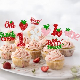 Gyufise 30Pcs Sweet One Strawberry Cupcake Toppers Glitter Berry 1st Birthday Cupcake Picks Strawberry Decorations for Baby Shower Kids First Birthday Party Decorations Supplies