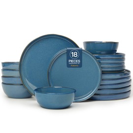 FOBENTA 18 Piece Slate Blue Ceramic Plates and Bowls Set,Minimalist Dinnerware Sets for 6 – Dark Dish Set with Sculpted Edge for Modern Living