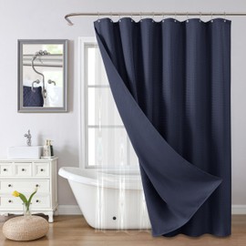 VANZAVANZU All-in-One Shower Curtain Set for Bathroom Enhanced 3D Waffle Fabric Shower Curtain with PEVA Waterproof Liner & 12 Upgraded Anti-Fall Hooks Heavy Duty Bath Tub Curtain 72"x72" (Navy Blue)