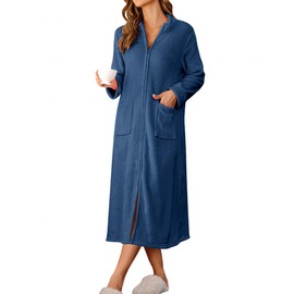 Ekouaer Women Zipper Robe Fleece Long Sleeves Bathrobe Sleepwear Warm Soft Housecoat with Pockets Zip Up House Dresses