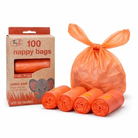TidyZ 100 Nappy Bags with Tie Handles - 4 Rolls of 25 Pocket-Sized Travel Packs - Extra Strong & Degradable Baby Waste Disposal Bags(Pack of 1)