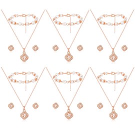 OTTFF Bridesmaid Jewelry Set For Wedding,6 Sets Rose Gold Plated Love Knot Pave Rhinestone With Pearl Necklace Earrings Bracelet Set for Women