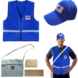 Tahonuss 5pcs Postman Career Costume Kit Mailman Costume Cosplay Occupationn Accessories Set Including Mail Carrier Hat Canvas Bag Vest and Envelopes Postcards for Adults Men Carrier (L)