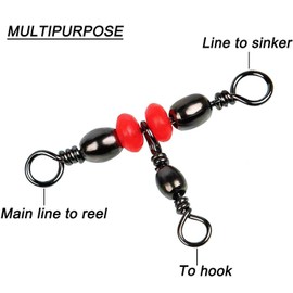 3 Way T-Turn Barrel Swivels Fishing Tackle, 50pcs Brass Barrel Triple Swivel Cross Line 3 Way Barrel Fishing Connector with Red Fishing Beads for Freshwater Saltwater Test 20-100LB