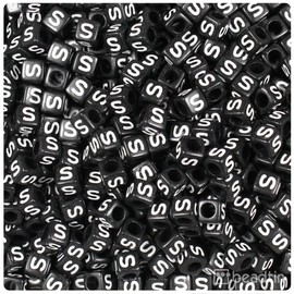 BEADTIN Letter"S" Black Opaque w/White 6mm Cube Alphabet Beads (80pc)