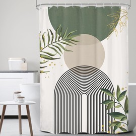Mitpok Small Stall Green Boho Shower Curtain 54Wx78H Rv Modern Bohemian Abstract Sage Green Gold Leaves Plant Minimalist Narrow Half Bathroom Decor Geometric Bath Curtain Fabric Polyester 12 Pack Hook