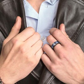 TUNGSTORY Viking Ring Men's 8 mm Tungsten Silver Ring with Wood/Blue Carbon Fibre Viking Jewellery Men's Wedding Ring, Synthetic fibre