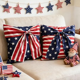 4th of July Pillow Covers 18x18 Set of 2 Patriotic Throw Pillow Covers American Decorative Independence Memorial Day Party Decor for Sofa Couch Living Room Classroom (2, Blue Red Bow, 18x18)