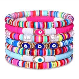FAERLIIRY Summer Bracelets Polymer Clay Beads Stretch Bracelets Set Evil Eye Pearl Bracelets Mixed Color Heishi Stretch Bracelets for Boho Summer Beach Surfer Jewelry (Evil Eye-7PCS)