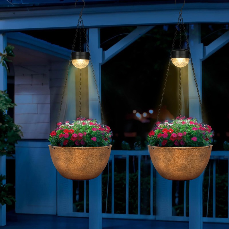 2 Packs Hanging Planters Basket for Outdoor Plants, Solar Powered