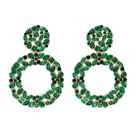 Denifery Rhinestone Geometric Round Drop Dangle Earrings Sparkly Crystal Statement Round Hoop Chandelier Earrings for Wedding Prom Bride Bridesmaids (Green)