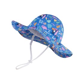 LANGZHEN UPF Beach Sun Protection Hat for Baby Girls Adjustable Toddler Kids Hat Wide Brim Summer Outdoor hat with Chin Strap(Flamingos+Toucan-Blue, L: 2T-4T (52cm /20.5"))