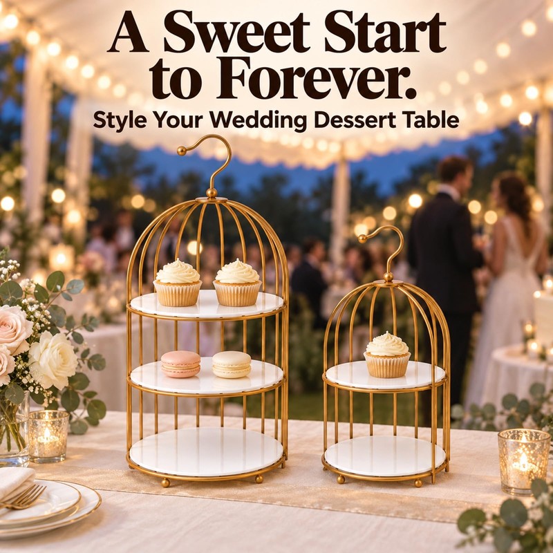 Gold Bird Cage Cupcake Stand Set, 2-Piece 3-Tier and 2-Tier