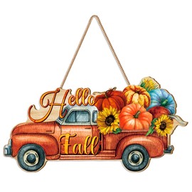 BBTO Thanksgiving Pumpkin Welcome Sign Door Decor Hello Fall Wood Hanging Decoration Autumn Wooden Signs Rustic Fall Decorative for Porch Home Wall Indoor Outdoor Decor(Truck)