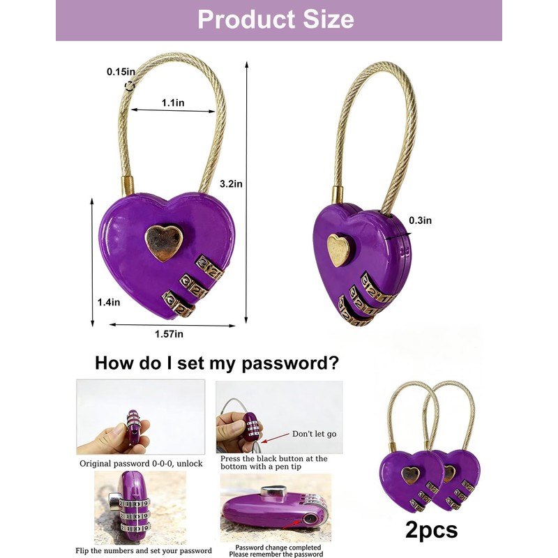 LITAITAI Heart Shaped Password Lock, Purple Love Lock with Combination,