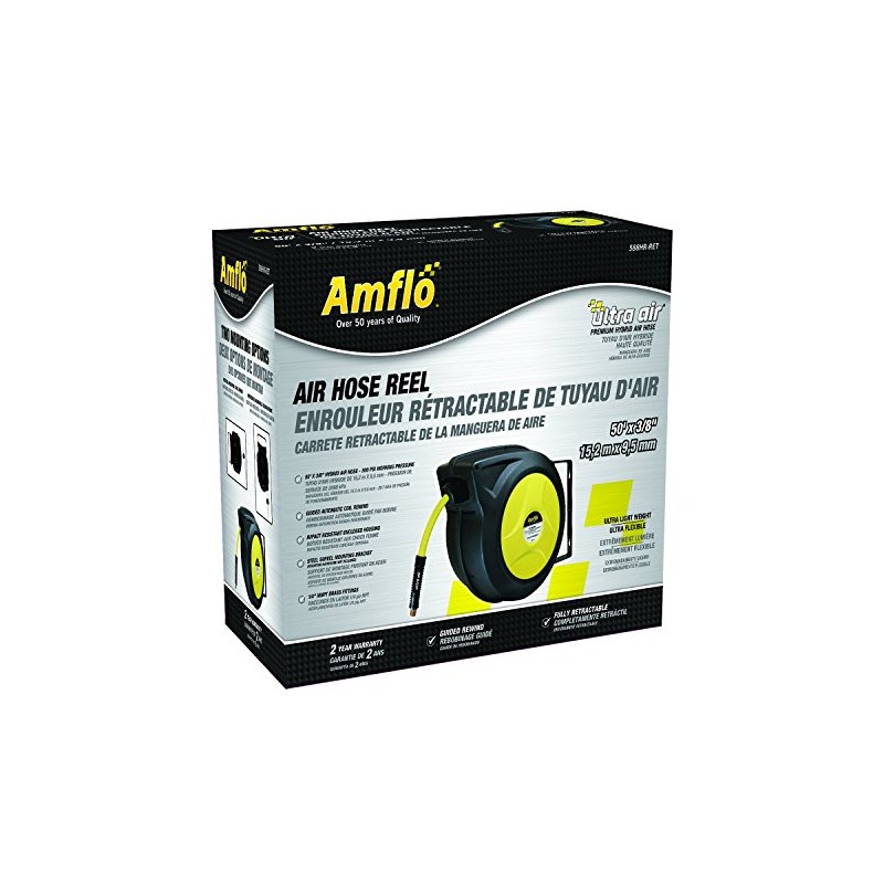 Amflo 588HR-RET 3/8" x 50' Enclosed Hyrbrid Hose Reel, Yellow