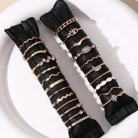 Elegant & Trendy 23pcs Mix & Match Ring Set – Geometric, Moon & Star Designs with Rhinestone and White Drip Oil Accents