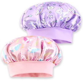 NICECONE 2 Pcs Kids Unicorn Silk Satin Bonnet, Adjustable Elastic Soft Pink & Purple Satin Hair Bonnet Sleep Capfor Toddler Girls, Cute Unicorn Nightcap for Sleeping