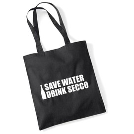 Huuraa Jute Bag Save Water Drink Secco Champagne Bottle Bag Cotton 10 Litres with Funny Motif for All Champagne Drinkers Gift Idea for Friends and Family, black