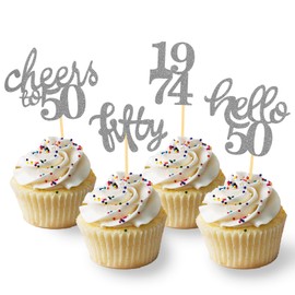 24 Pcs Glitter 50th Birthday Cupcake Toppers for Celebrating Fifty Years Old Birthday Party Decorations (Silver)