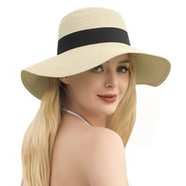 Aimiwial Womens Sun Straw Panama Hat Wide Brim Summer Hat Foldable Packable Floppy Beach Hats for Women UPF 50+ UV Sun Protection Beach Hats,Beige
