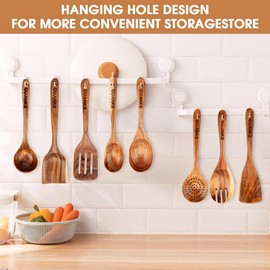 GUANKE Wooden Spoons for Cooking Teak Wood Cooking Utensils Set with Holder & Spoon Rest Smooth Wooden Spoons Utensils Non-Stick Pan Wood Spoons and Spatula Cookware for Kitchen Essentials (8 Spoons)