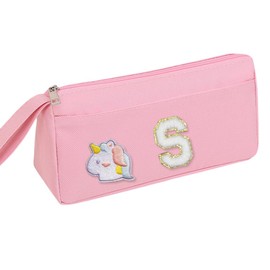 LAMOOER Large Capacity Pencil Case with Lettered Embroidery Stickers, Portable Pencil Pouch Pen Bag with Zipper, Makeup Bag for Girls Women (Pink S)