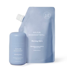 HAAN Natural Deodorant for Women and Men (1.4 Fl. Oz.) + Refill Morning Glory (4 Fl. Oz.) with 24 Hour Odor Protection | Vegan Deodorant, Balance Your Skin's | Aluminium Free, Paraben Free