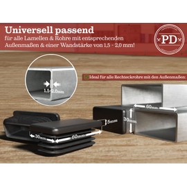 PD® Lamellar Plugs 60 x 30 mm for Square Tubes – End Caps Rectangular Made of PE Plastic – Pipe Plugs for Pipe Cover of Steel Pipe, Stainless Steel Tube, Aluminium Tube and Aluminium Profile –