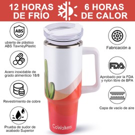 Taza de Viaje Aislada de 40 oz,Taza Térmica de Acero Inoxidable con Manija, Tapa y Pajita sin Fugas,Mantiene Caliente o Frío para Café, Batidos, Té Helado y Más (Cactus)