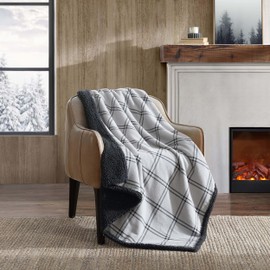 Eddie Bauer - Throw Blanket, Cotton Flannel Home Decor, All Season Reversible Sherpa Bedding (Kettle Falls Grey/Black Throw)