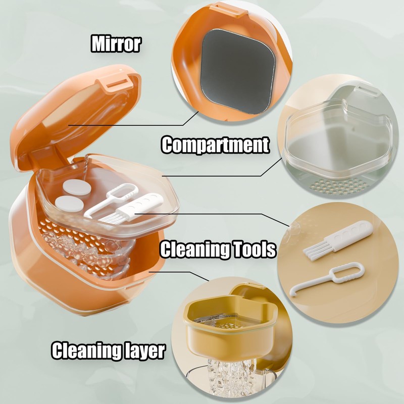 Denture Case, Retainer Cleaner Case with Cleaning Brush, Retainer Cleaning