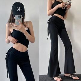 Women's Autumn Yoga String Pants: Deep Pleats & Strappy Design Hot S/Black 5ea