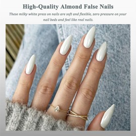 White False Nails - Long Press on Nails Almond - 24Pcs Milky White Press on Nails Long Glossy - Full Cover Fake nails Almond Stiletto for Women Girls DIY Nail Art