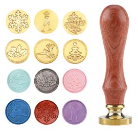 Wax Seal Stamp Set Christmas, Vintage Seal Stamp 1 Wooden Handle 6 Retro Removable Brass Stamp Heads, Embellishment of Gift Packaging Wedding Envelopes Invitations Wine Packaging