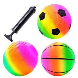 Rainbow Balls Inflation Beach Balls PVC Bouncy Kickball Flap Ball with Pump, 3 Pieces Soft Balls, Football, Basketball, Rainbow Sports Balls for Indoor Outdoor Use