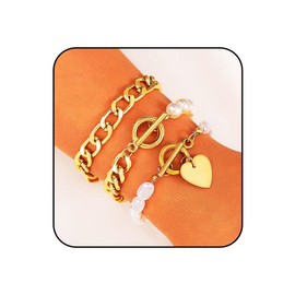 Jovono Boho Pearl Layered Bracelet Chains Heart Pendant Bracelet Sets Cuban Link Stackable Hand Chain for Women（3pcs）