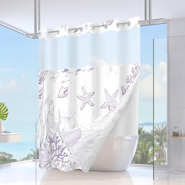 Extra Long No Hook Nautical Coastal Shower Curtain with Snap in Liner Set, Ocean Summer Beach Seashell Design, Hotel Quality Bathroom Decor, with See Through Mesh Top Window, Purple 71" x 84"