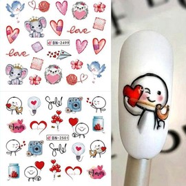 Valentine's Day Nail Art Stickers Heart Nail Decals Water Transfer Romantic Nail Art Decoration Supplies Love Heart Bear Dessert Nail Design New Year Sliders Manicure Decals for Women Girls 12PCS