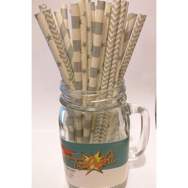 METALLIC SILVER Vintage Paper Drinking Straws, HOLIDAY VALUE PACK - 4 Designs - 100 ct. by Twilight Parties