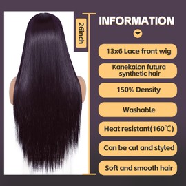 Sapphirewigs Long Straight Wig Purple 13 x 6 Lace Front Wig Women's Kanekalon Futura Synthetic Wig 150% Density Party Daily Wear 26 Inches