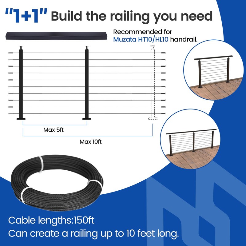 Muzata 5ft-10ft Complete Set 36" Cable Railing Post Kit Include
